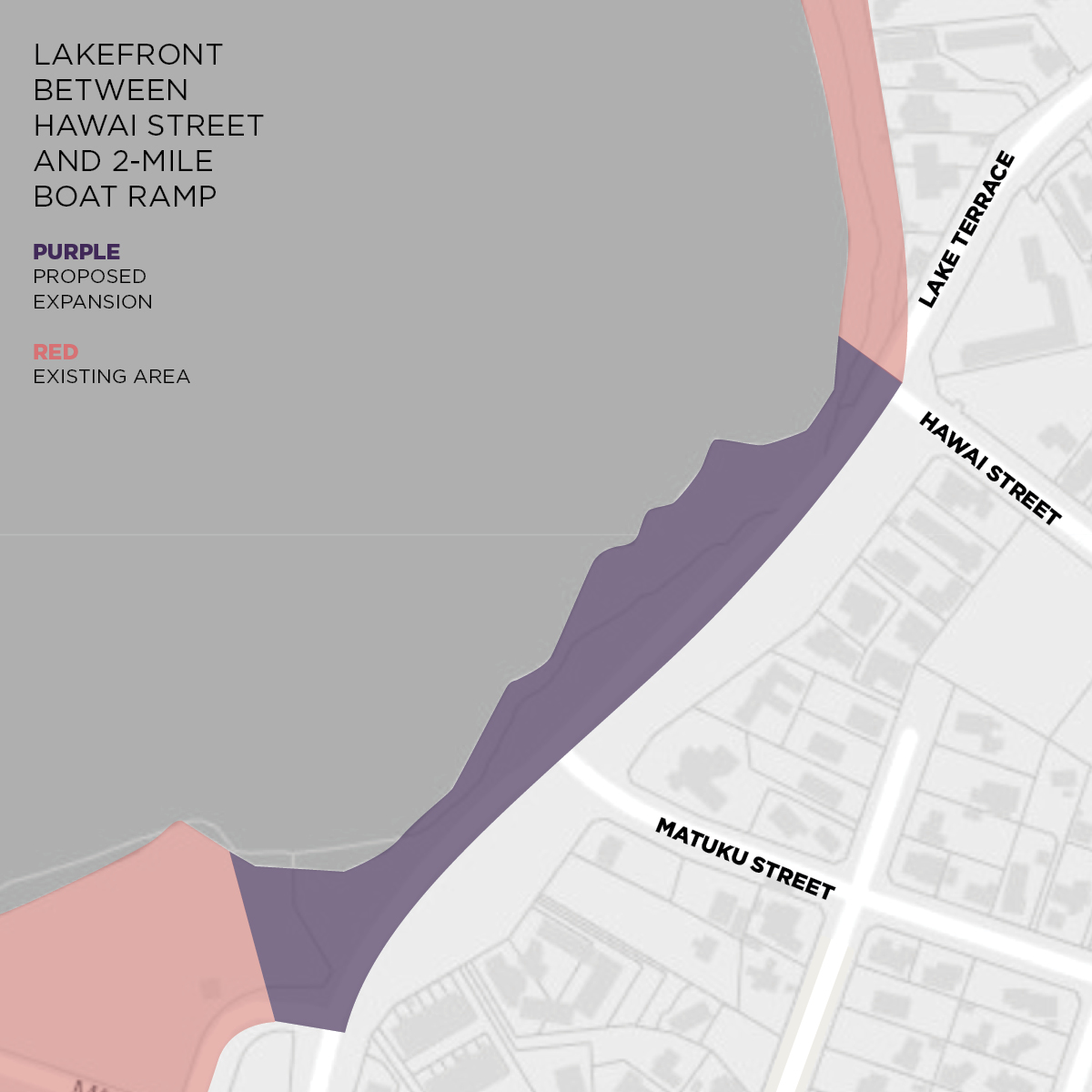Lakefront between Hawai Street and the 2 Mile Bay Boat Ramp