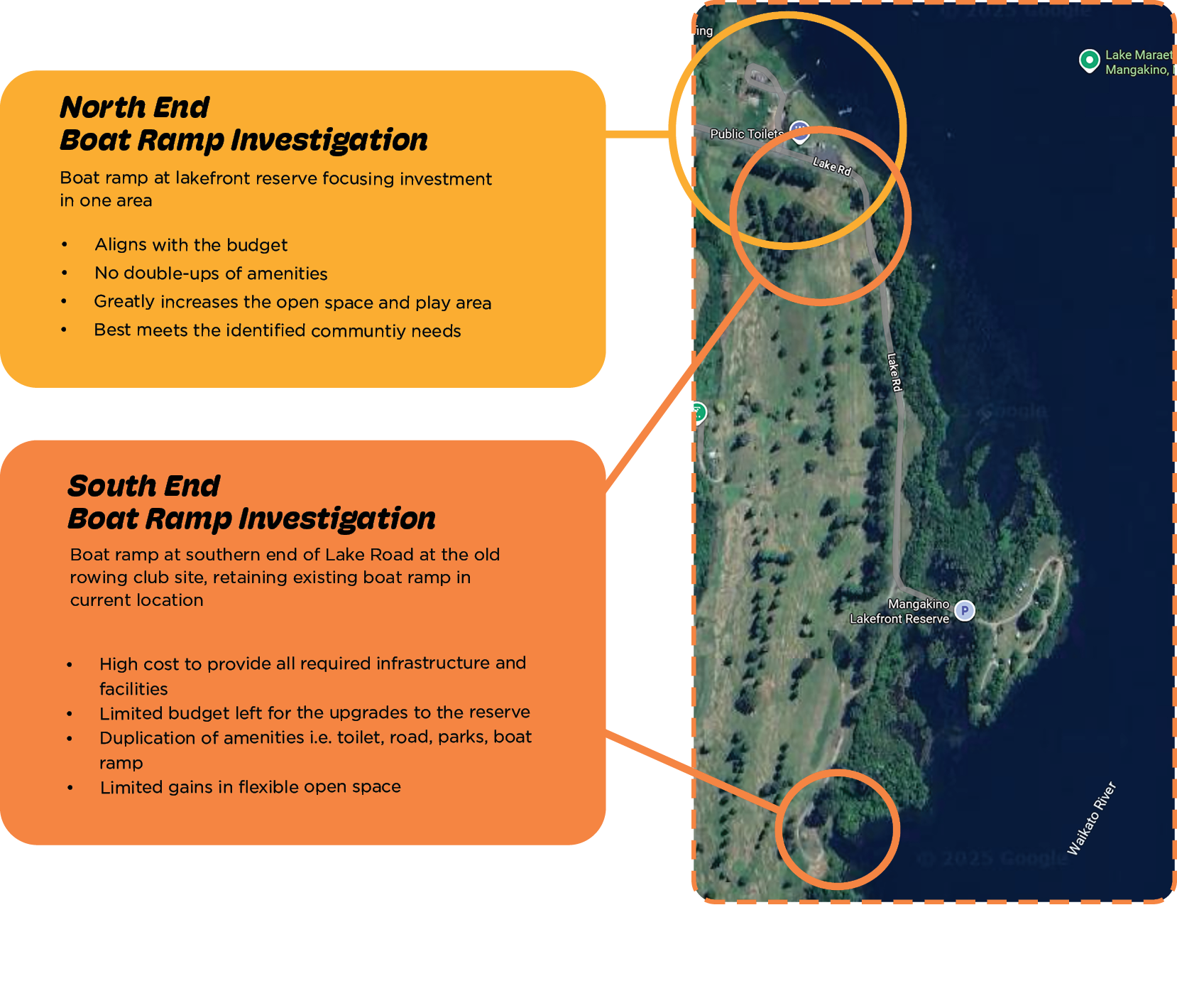 Comparison of north and south boat ramps on map.  