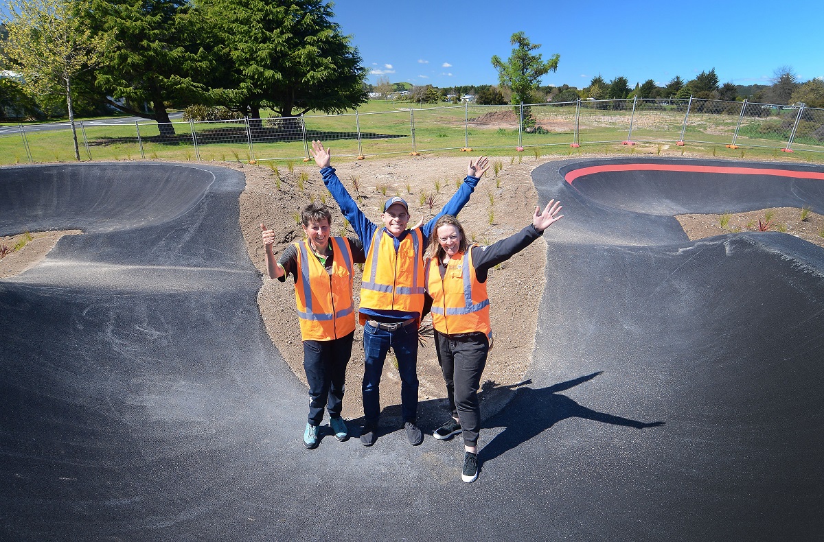 Kids Bike Taupō’s Cath Oldfield (left), Kids Bike Taupō supporter Ken Harris and Taupō District Council road safety manager Sarah Wraight at the new pump track.  