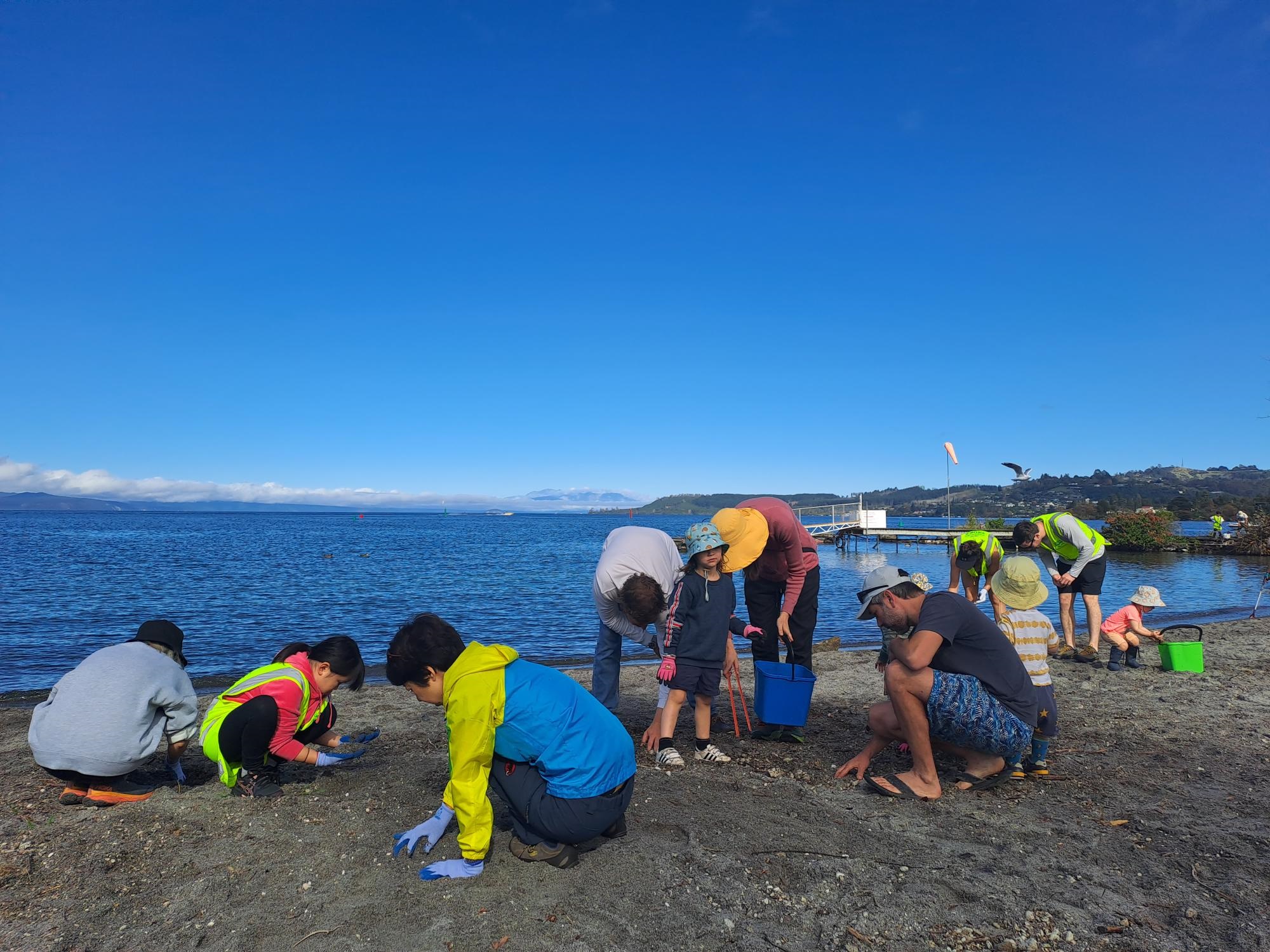 Volunteers comb the lakefront sand to collect microplastics which would otherwise be washed into Lake Taupō.