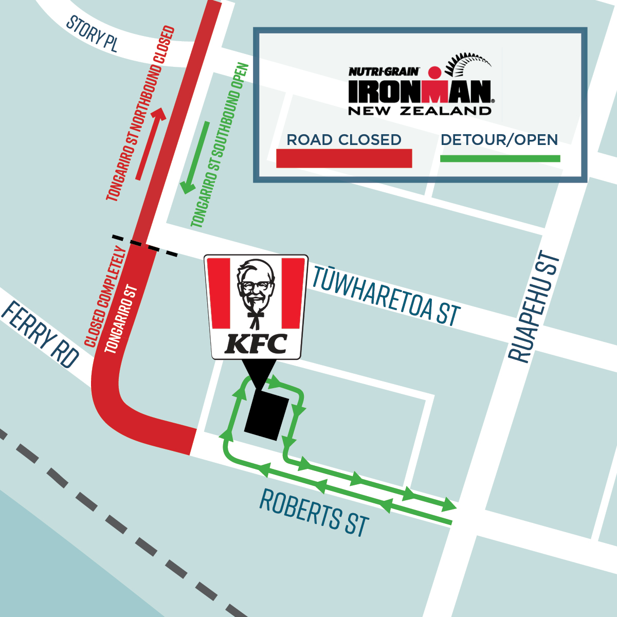 Map showing road closure and detour for KFC Taupo.  
