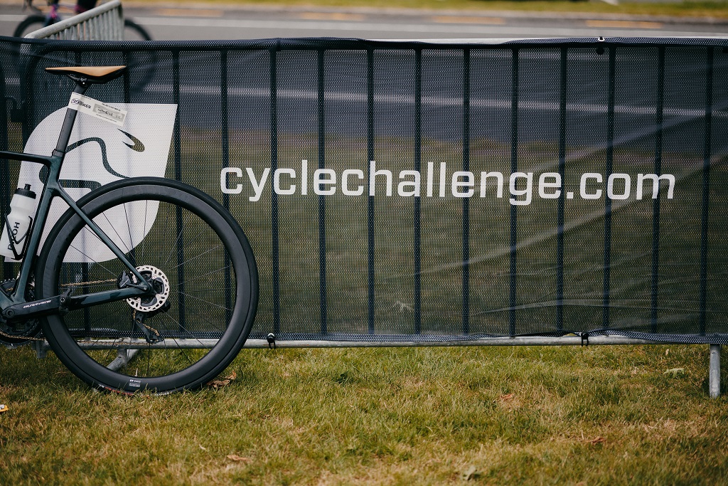 Photo of reusable bungee toggle ties being used at Cycle Challenge event