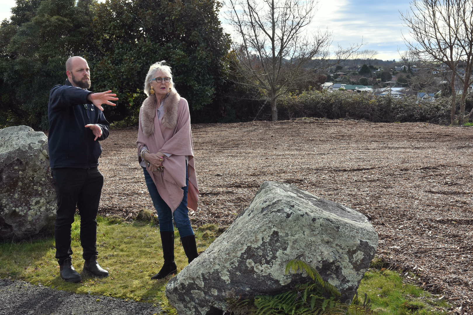 Deputy Mayor Christine Rankin and cemetery manager Kieran Smith surveying the new burials zone.  