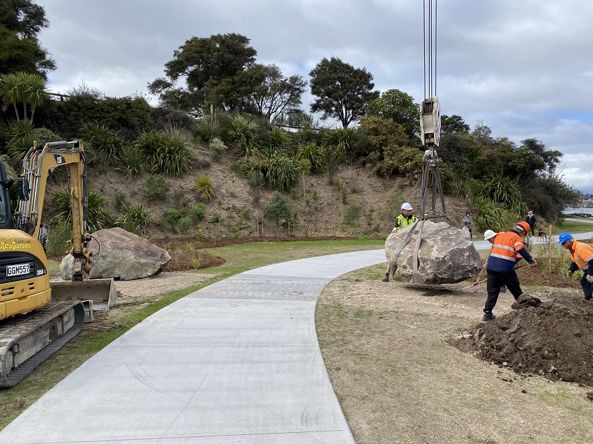 Rocks being placed at the entrance way to the Waipāhihi C75 foreshore reservation.  