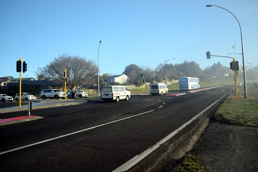 Intersection with new lights switched on.  