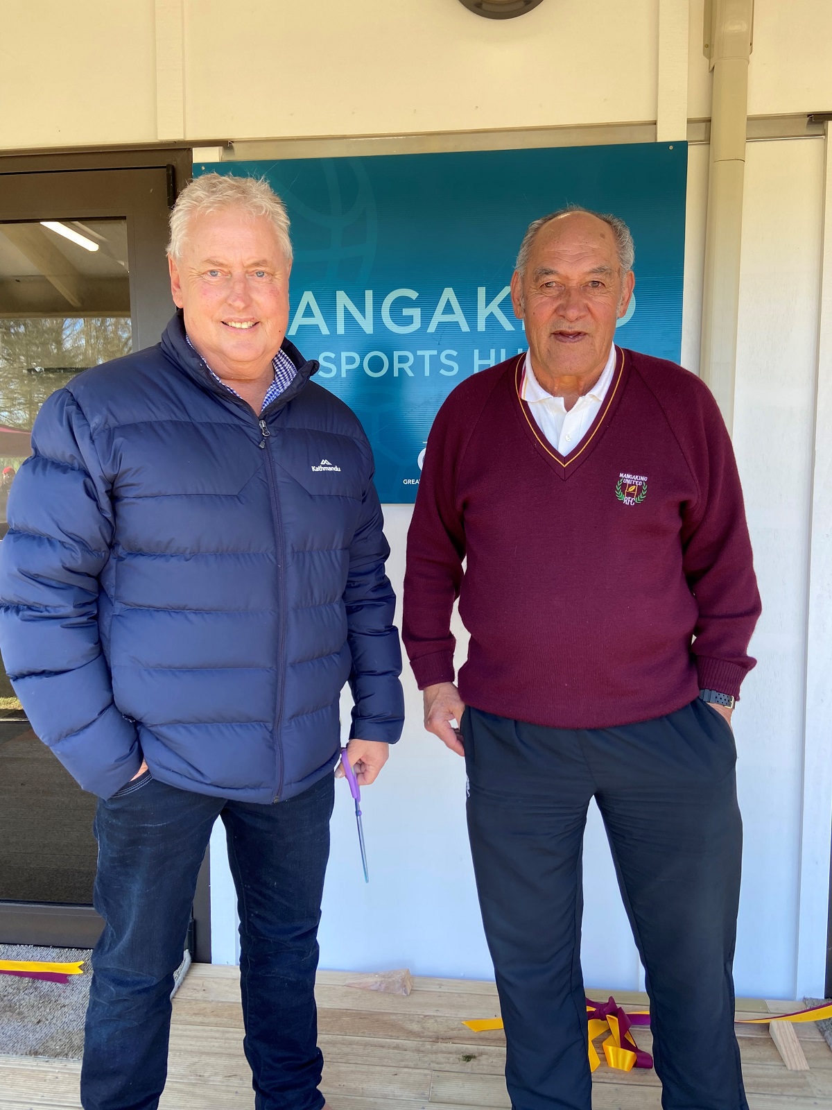 Taupō District Mayor David Trewavas and Gil Perawiti from the original Mangakino United Rugby Football.  