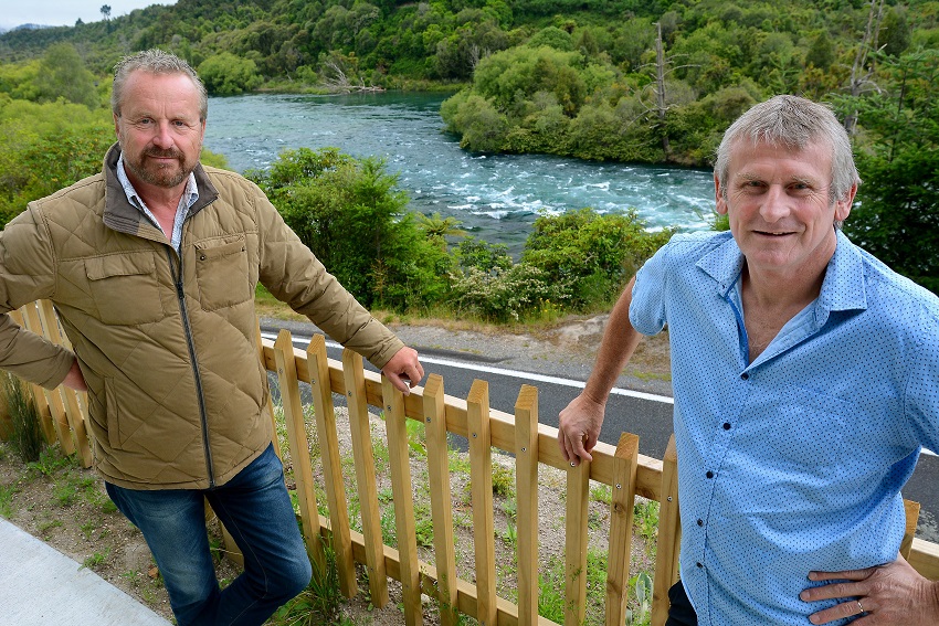 Pictured above: Project manager Nick Beacock and Councillor Kevin Taylor take in the view from the completed Huka Falls Road path.  