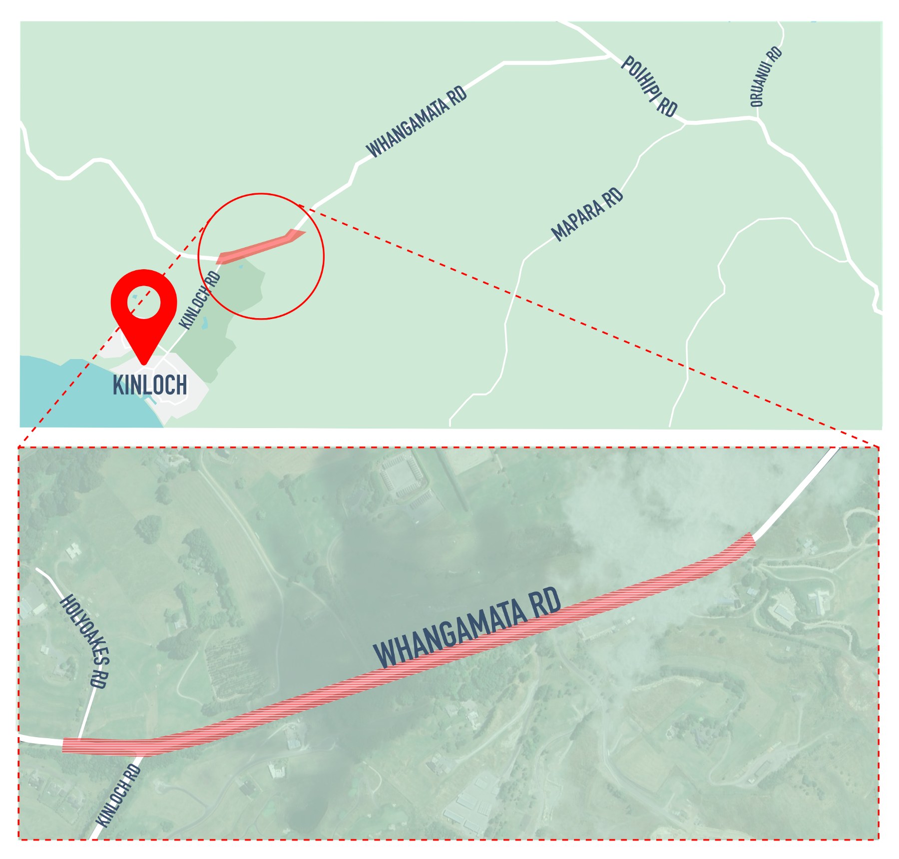 Map of Whangamata Road showing the location of road widening.  