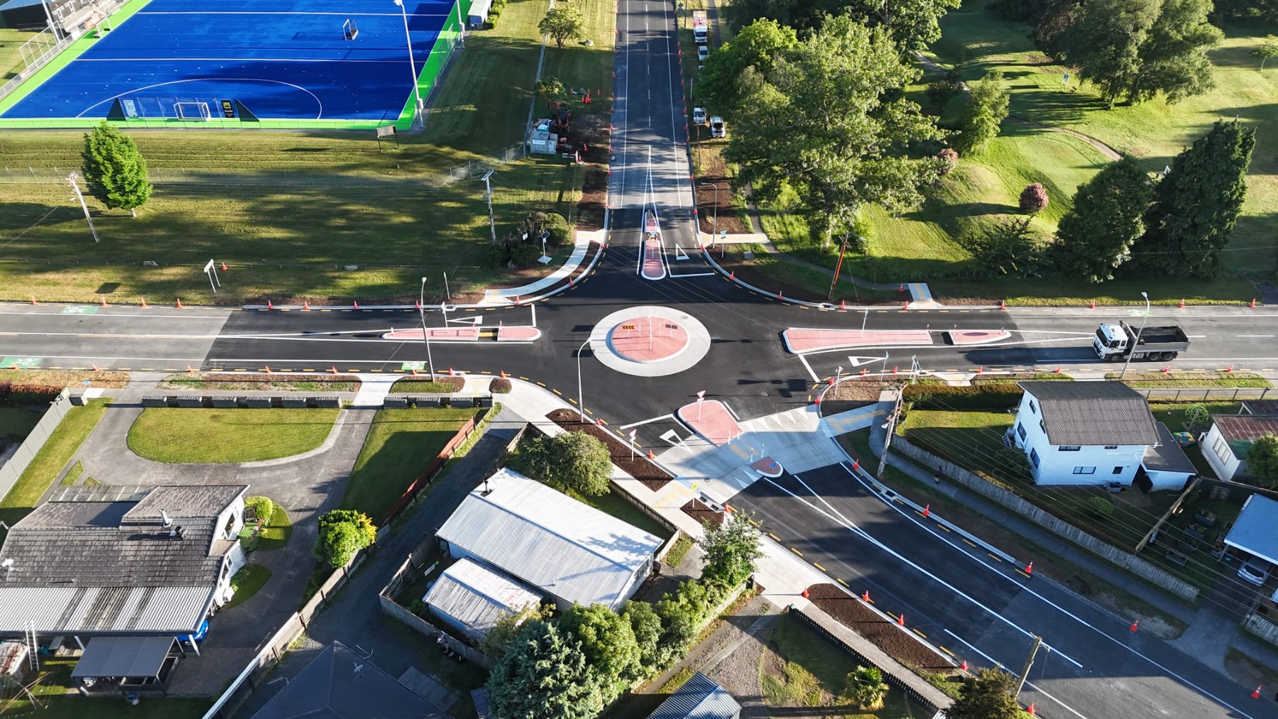 New roundabout at Tauhara Road/Taharepa Road/AC Baths Avenue intersection from above.  