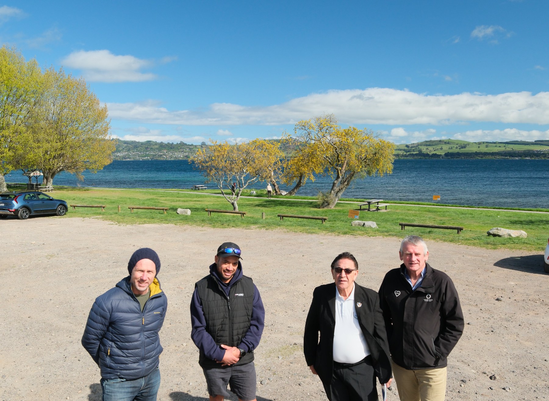 Fraser Scott of Taupō District Council, project supervisor Hala Tukakaki, Kaumātua Reo Whakakotahi Wall and Deputy Mayor Kevin Taylor.  
