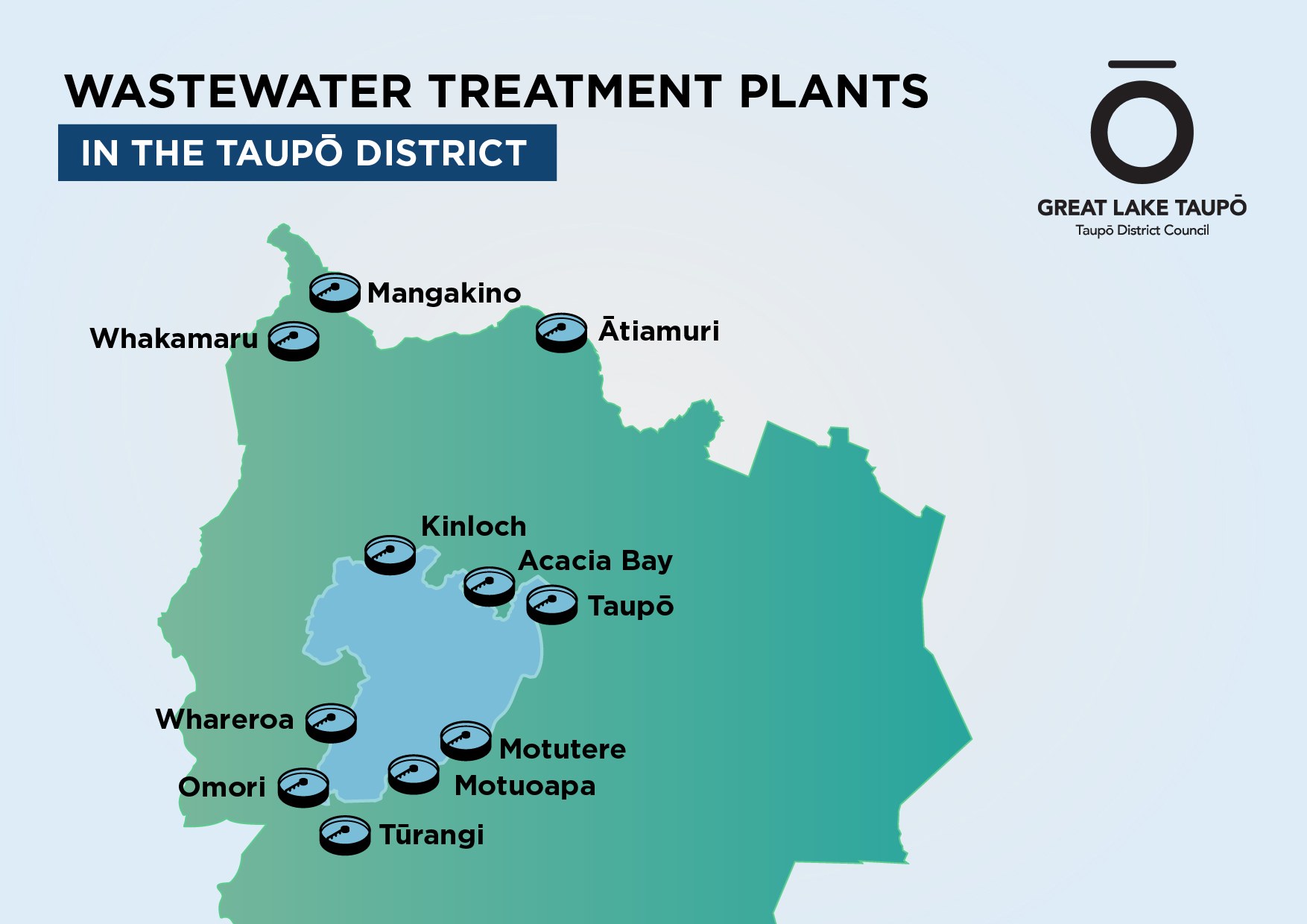 Map showing location of wastewater treatment plants in the Taupo District.  