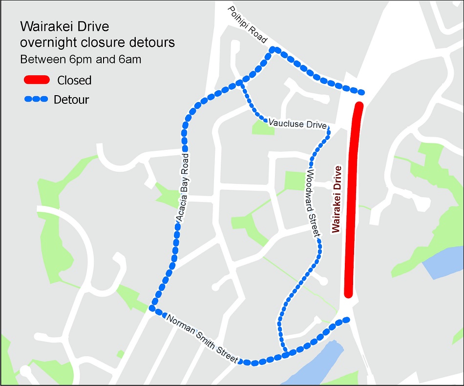 Wairakei Drive closure map.  