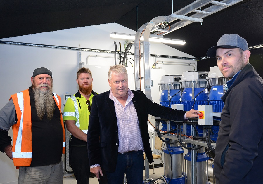 Left to right, Frank Allison and Shannon McMillan of council’s water treatment team, with Mayor David Trewavas and asset manager water and waste Michael Cordell at the new Waitahanui pump station.