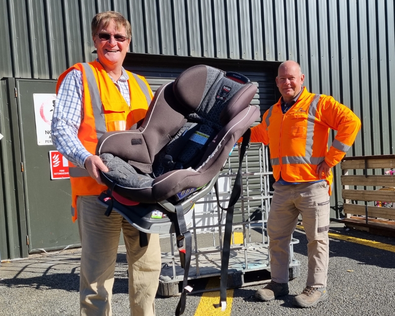 One of the first child car seats to be recycled through the town’s trial collection site.  
