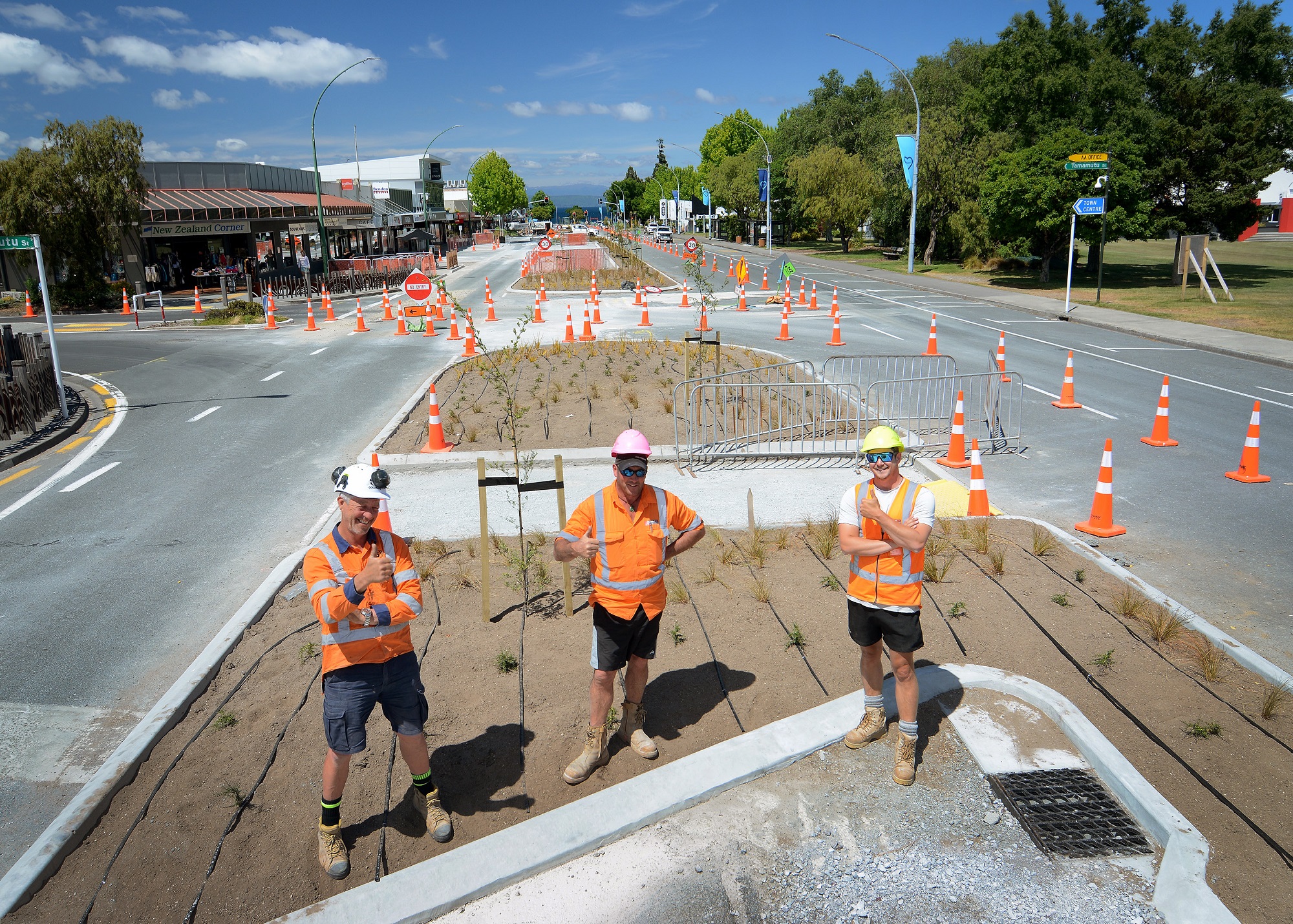 Workers on the new Tongariro Street layout.  